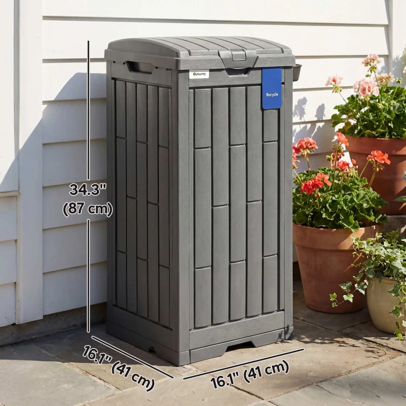 Outsunny 29 Gallon Outdoor Garbage Bin with Dual Lid, Plastic Outdoor Waste Trash Can with Side Holder and Drip Tray, Grey