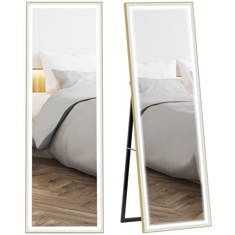HOMCOM LED Mirror with Dimmable and 3 Colour Lights, 64" x 21" Rectangular Floor Mirror for Bedroom Living Room, Gold