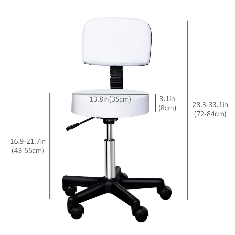 HOMCOM Adjustable Rolling Stool with Back, PU Leather Round Swivel Drafting Stool with Wheels for Kitchen, Salon Spa, Bar, Home Office, Massage, White