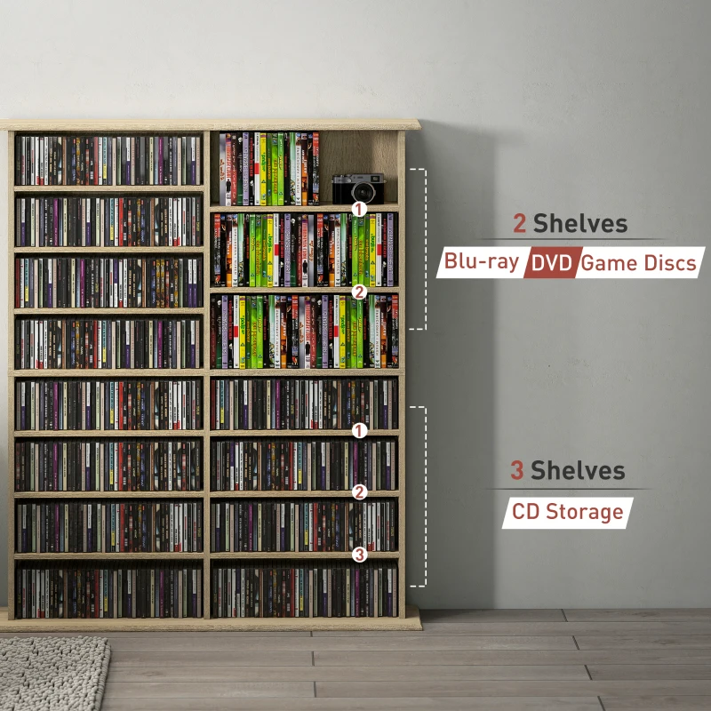 HOMCOM 8-Tier DVD Shelf with 12 Adjustable Shelves, Double CD Shelf, Holds 720 CDs, 396 DVDs or 396 Blu-rays, Natural Wood