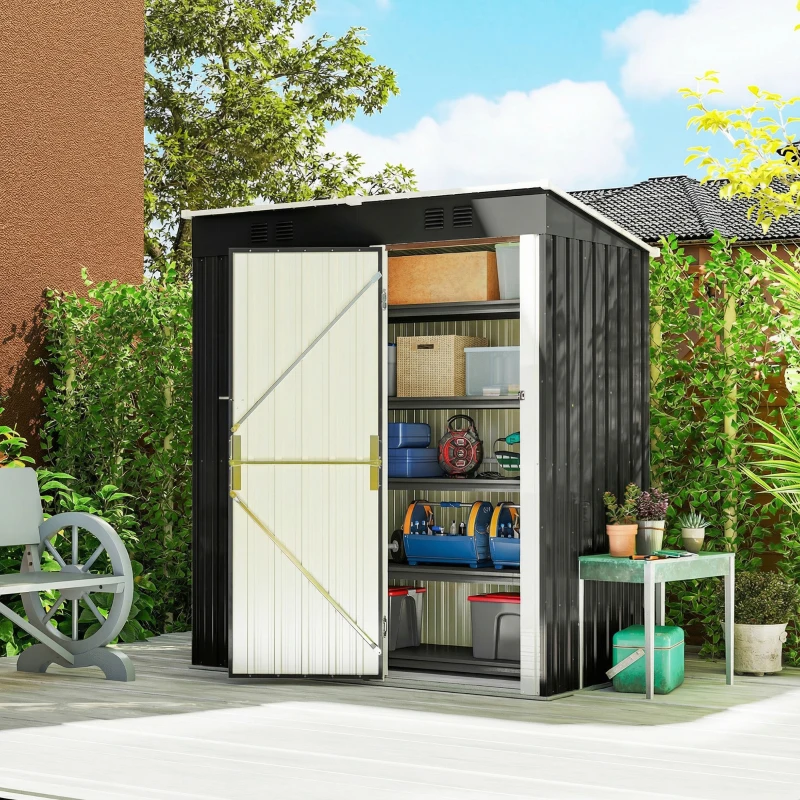 Outsunny 5 x 3 ft Outdoor Storage Shed, Lean-to Metal Garden Shed with Lockable Door and Vents, Dark Grey