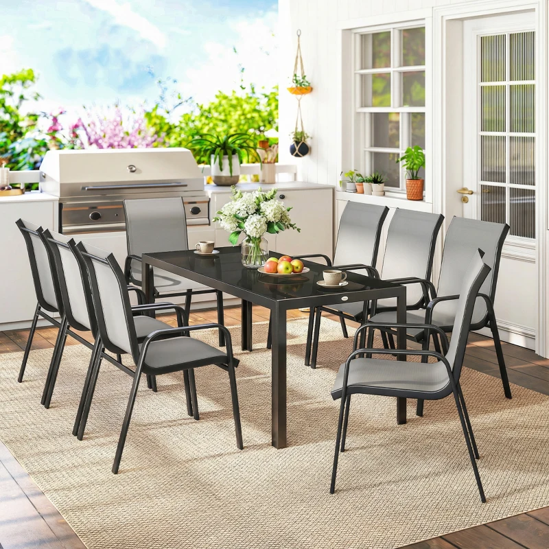 Outsunny 9 Pieces Patio Set with Stackable Chairs, Patio Dining Set with Glass Top for Garden, Patio, Backyard, Light Grey