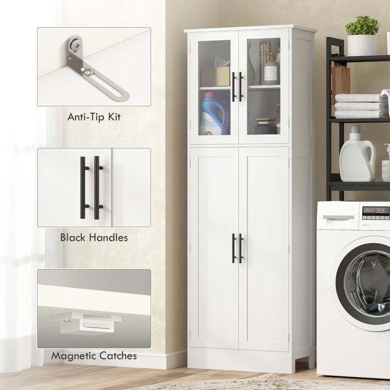 HOMCOM Tall Bathroom Cabinet with Glass Doors, Space-Saving Unit with Adjustable Shelves, Freestanding Storage, White