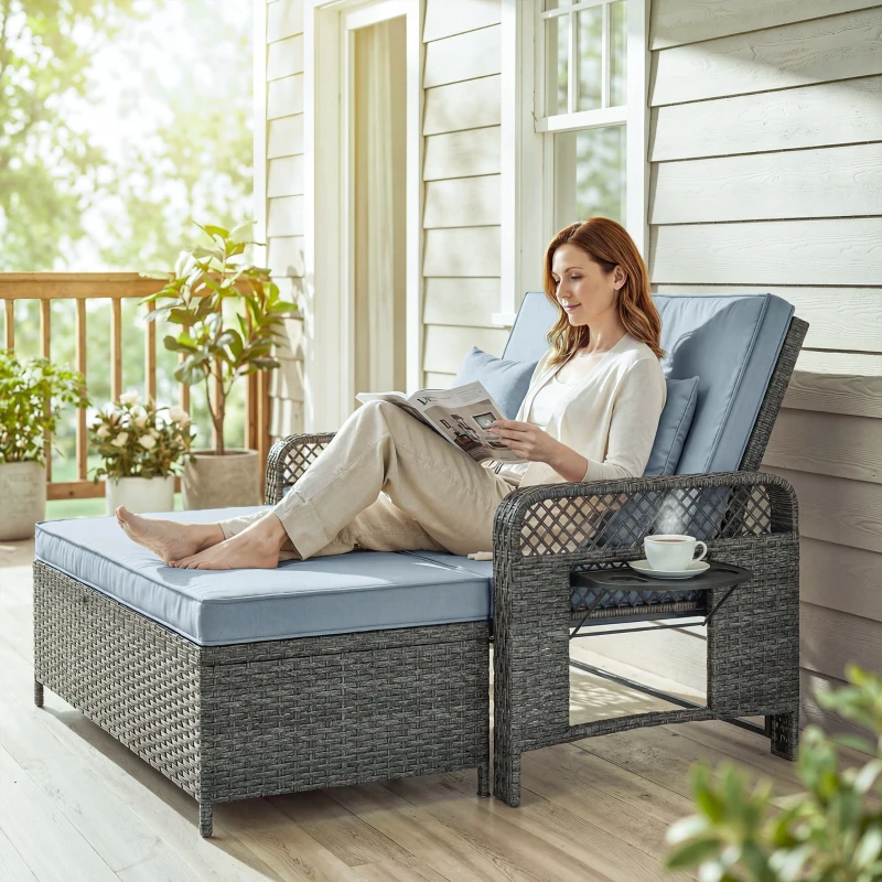 Outsunny 2 Pieces Patio Lounge Chair Set with Cushions, PE Wicker Outdoor Chaise Lounge with Adjustable Backrest, Side Trays