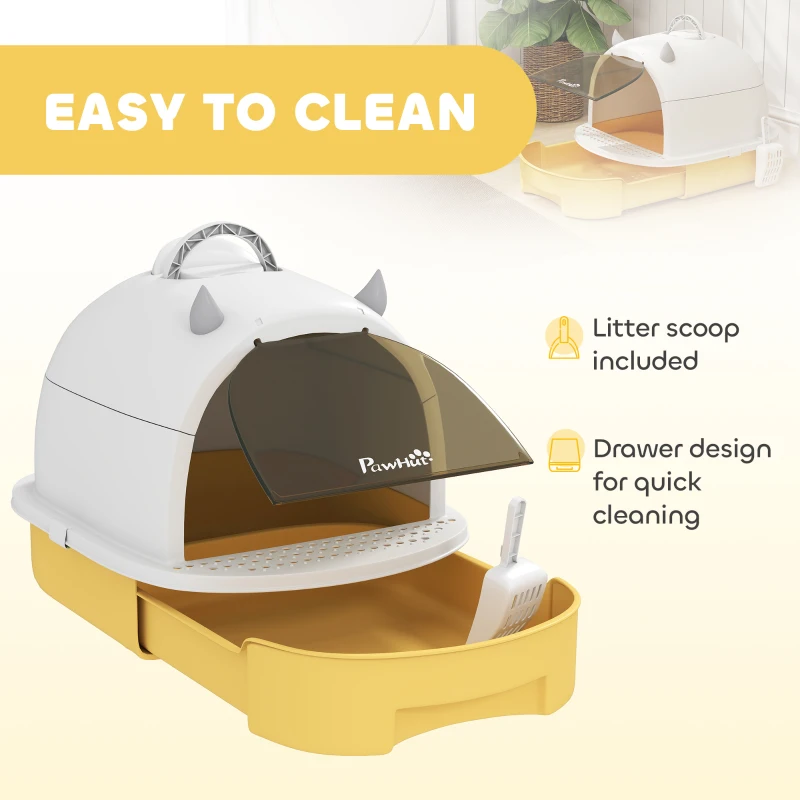PawHut Cat Litter Box with Lid, Front Door Flap, Scoop, Handle, Easy Clean, for Small and Medium Cats, Yellow