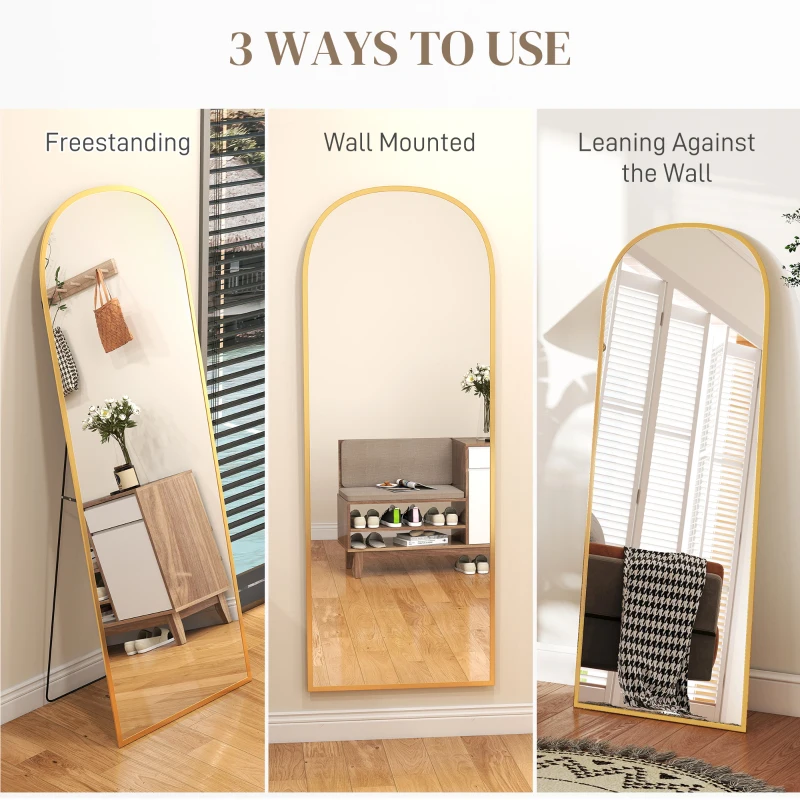 HOMCOM Arched Standing Mirror, 64" x 24" Full Length Mirror, Free Standing or Wall Mounted for Living Room, Bedroom, Gold