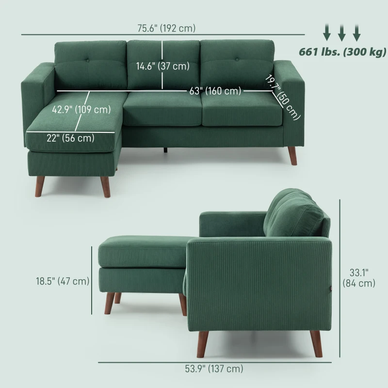HOMCOM Sectional Sofa with Changeable Chaise Lounge, 3 Seat L-Shaped Sofa, Upholstered Couch for Small Space, Dark Green