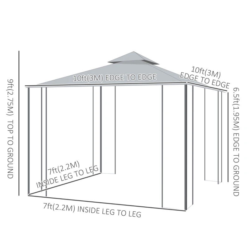 Outsunny 10' x 10' Steel Outdoor Patio Gazebo Canopy with Removable Mesh Curtains, Display Shelves, & Steel Frame, Grey