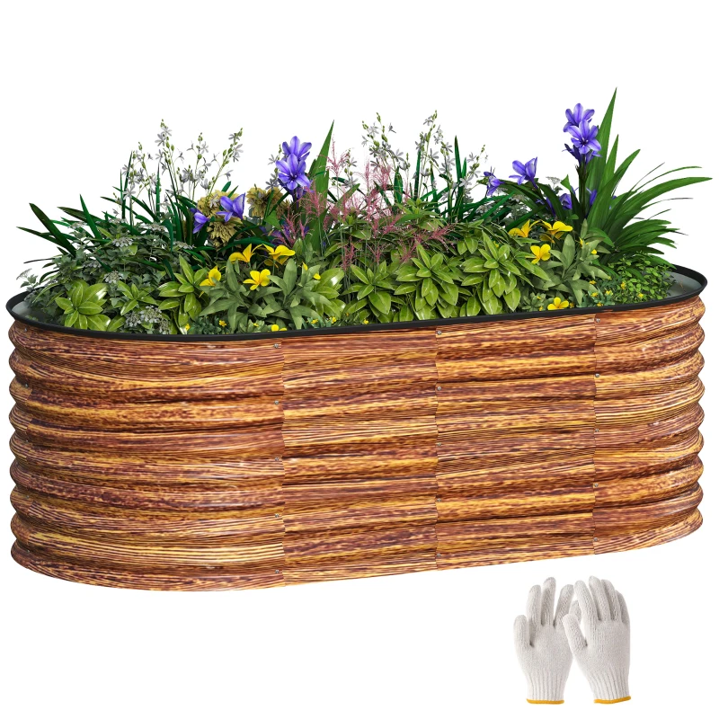 Outsunny 5 x 2.5 x 2 ft Galvanized Raised Garden Bed, Easy DIY Oval Planter Box with Safety Edging and Gloves, Brown Wood Effect