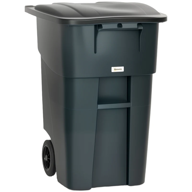 Outsunny Outdoor Garbage Bin with Lid and Wheels, 53 Gallon Large Trash Can Garbage Can with Handle for Patio, Yard, Dark Grey