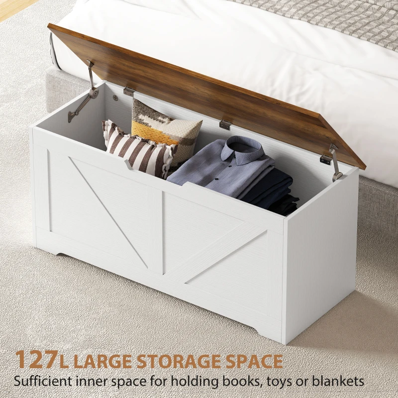 HOMCOM 39.4 Inches Storage Chest, Storage Trunk with 2 Safety Hinges for Living Room, Brown and White Wood Grain