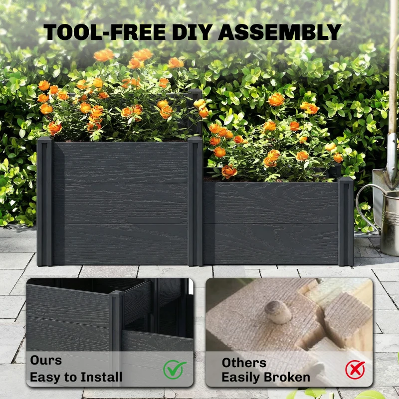 Outsunny Vinyl Raised Garden Bed Kit, 3-Tier Elevated Garden Box with Open Bottom, DIY Assembly, Grey Wood Effect