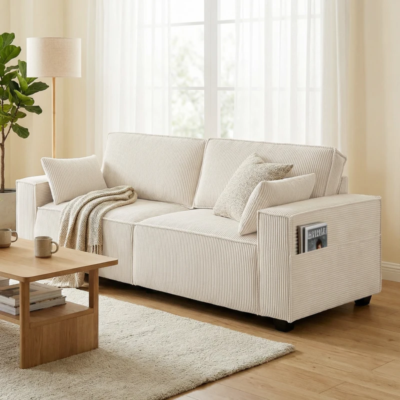 HOMCOM 86" 3 Seater Sofa, Modern Corduroy Upholstered Couch, Beige