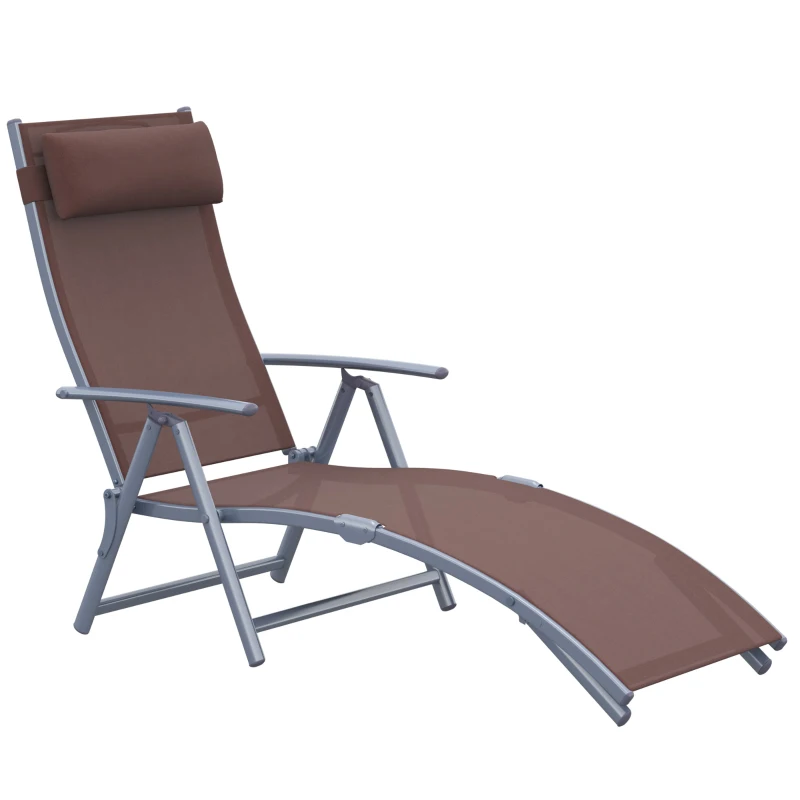 Outsunny Heavy-duty Adjustable Folding Reclining Chair Outdoor Sun Lounger Patio Chaise Lounge Garden Beach Gravity Lounge with Pillow, 7 Adjustable Backrest Positions, Brown