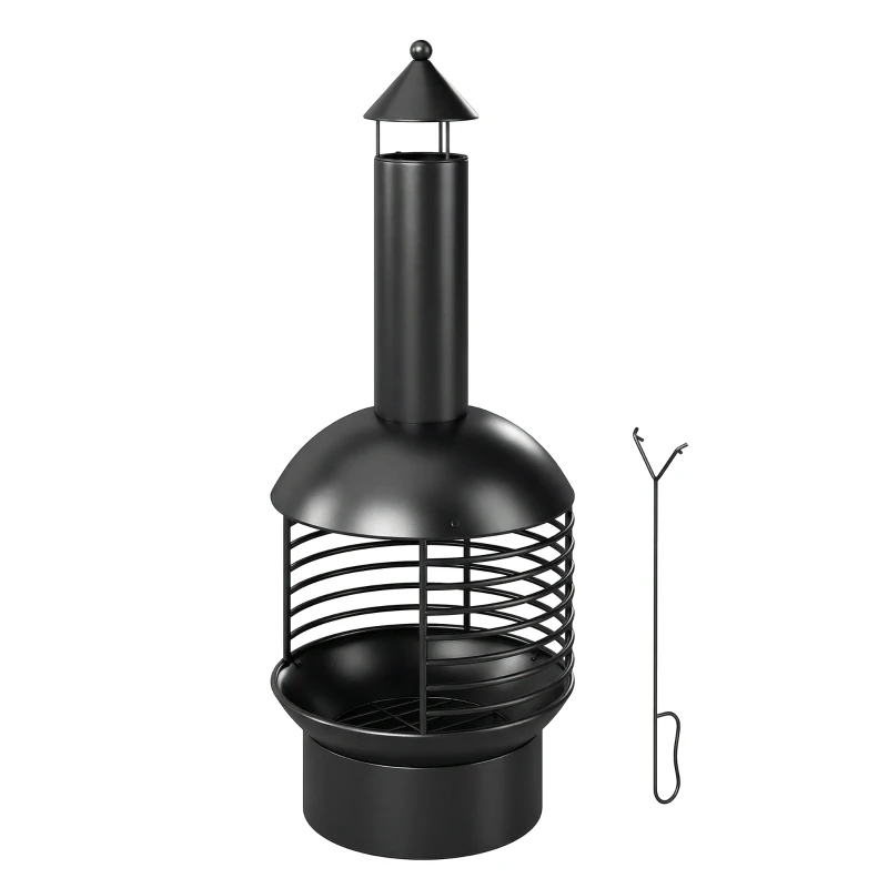 Outsunny Outdoor Fire Pit, Portable Wood Burning Firepit with Poker, Charcoal Grid, Modern Chimney Design Fireplace, Black