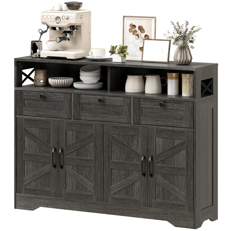 HOMCOM Sideboard, Buffet Cabinet with 4 Barn Doors and 3 Drawers, Coffee Bar Cabinet with Adjustable Shelves, Dark Brown