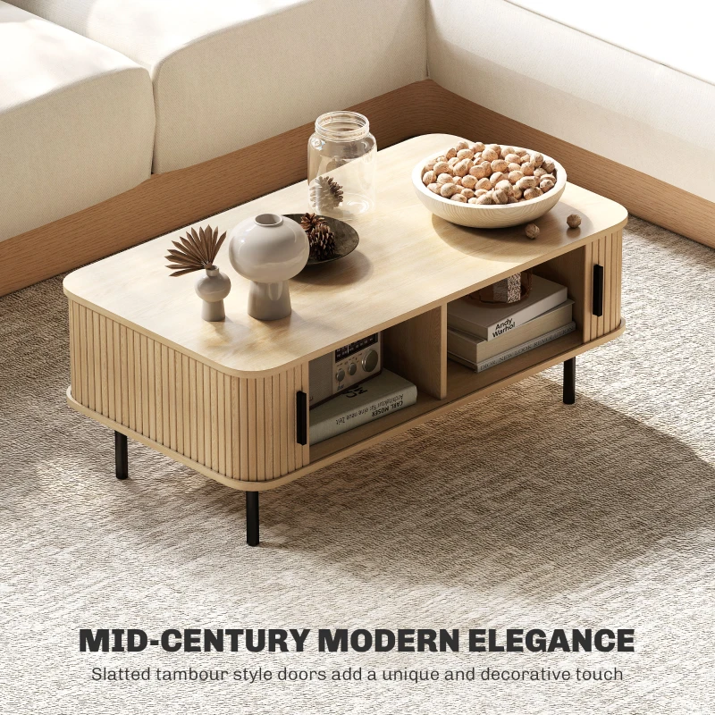 HOMCOM Coffee Table with Storage, Nordic Side Table with Fluted Tambour Sliding Doors and Steel Legs for Living Room, Oak