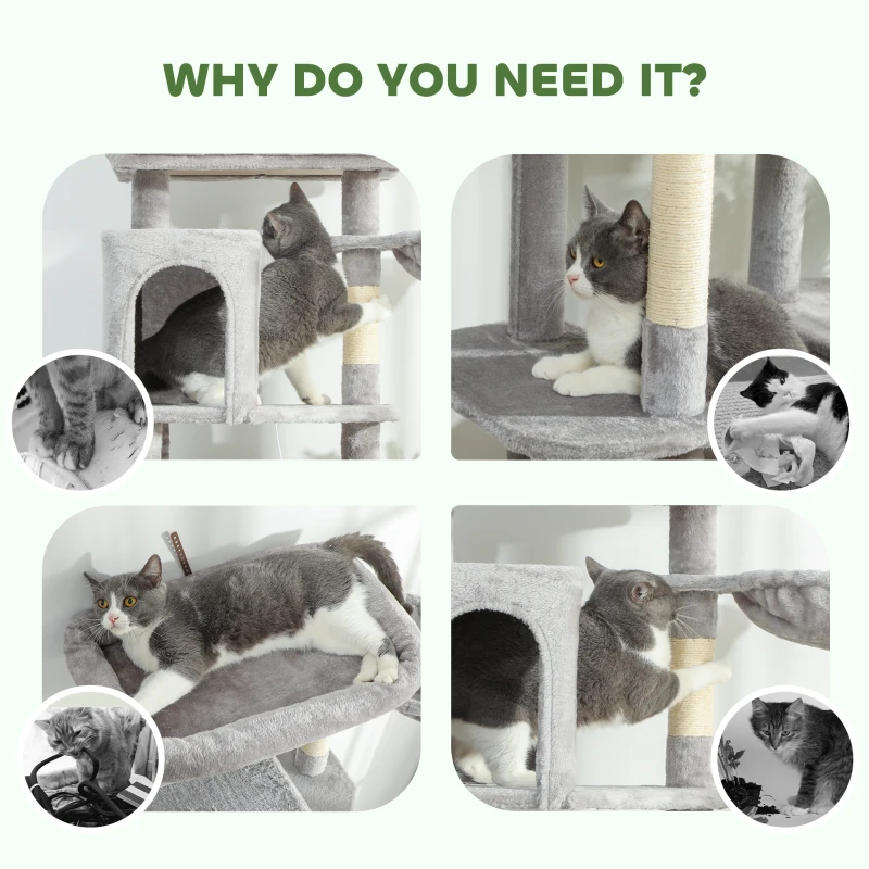 PawHut 69" Cat Tree, Multi-Level Cat Tower with 2 Condos, Plush Perch and Sisal Scratching Posts, Light Grey