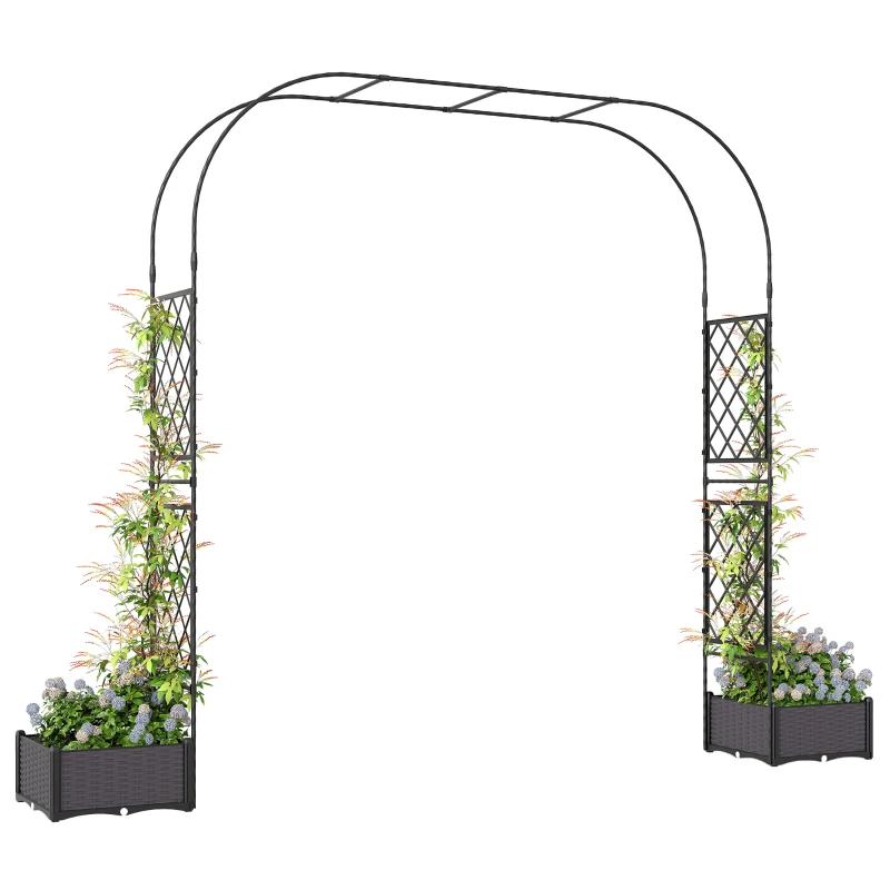 Outsunny Garden Arch Outdoor Trellis Arbor with 2 Planter Boxes, 109.4" x 15.7" x 86.6", Black