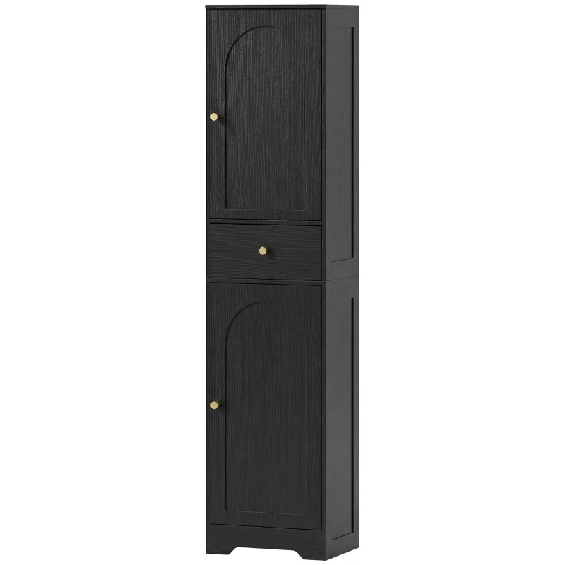 HOMCOM 67" Tall Bathroom Cabinet, Slim Bathroom Storage Cabinet with 2 Doors, Drawer and Adjustable Shelf, Black Wood Grain