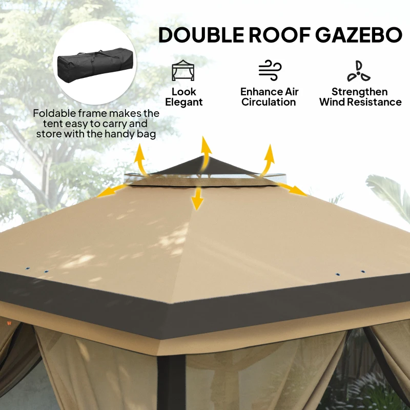 Outsunny 11' x 11' Pop Up Gazebo, Double Roof Foldable Height Adjustable Canopy Tent with Mesh Sidewalls, Carrying Bag, Beige