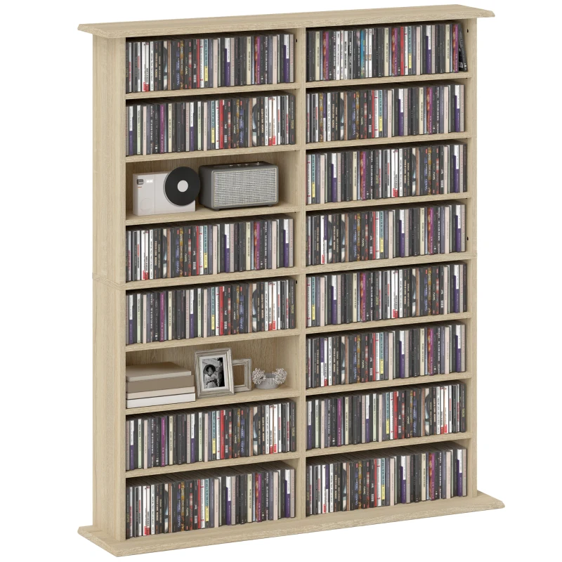 HOMCOM 8-Tier DVD Shelf with 12 Adjustable Shelves, Double CD Shelf, Holds 720 CDs, 396 DVDs or 396 Blu-rays, Natural Wood