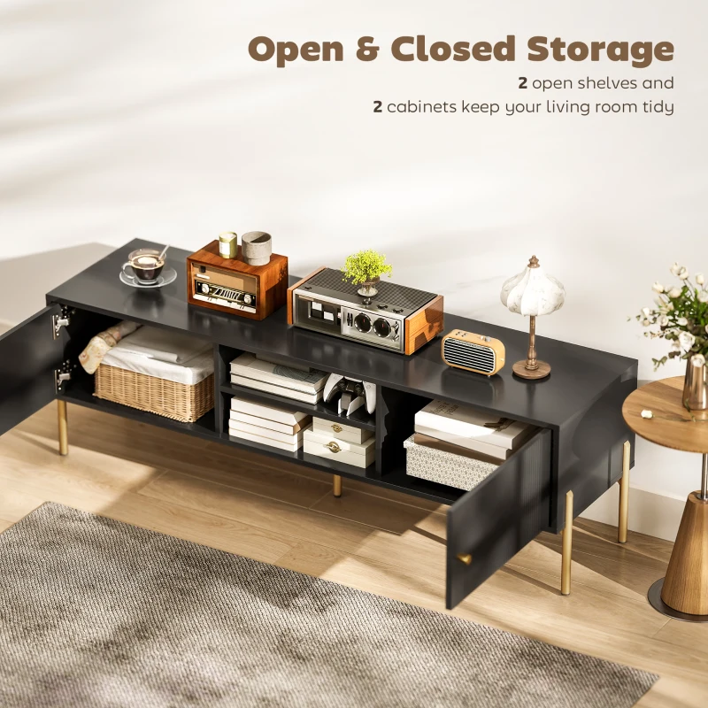HOMCOM TV Stand for TVs up to 65", Entertainment Center with 2 Open Shelves, 2 Cabinets and Steel Legs for Living Room, Black