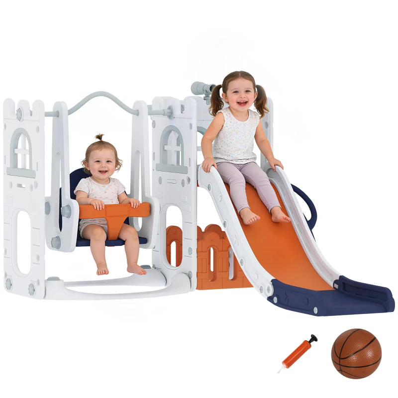 Qaba 6-in-1 Slide and Swing Set Baby Swing Playset Indoor with Basketball Hoop, Climber, Storage Space, Telescope, Orange