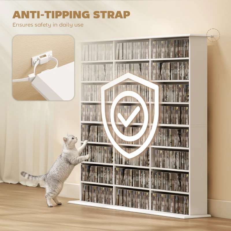 HOMCOM Media Storage Cabinet, 8-Tier DVD Shelf with 18 Adjustable Shelves, Holds 1032 CDs, 594 DVDs or Blu-rays, White