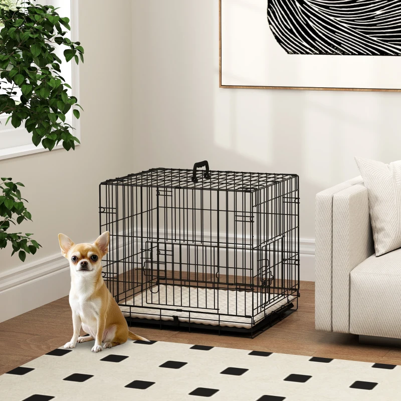 PawHut 24" Dog Crate with 2 Doors, Folding Metal Dog Cage with Soft Cushion, Removable Tray, Handle for Extra Small Dogs, Black