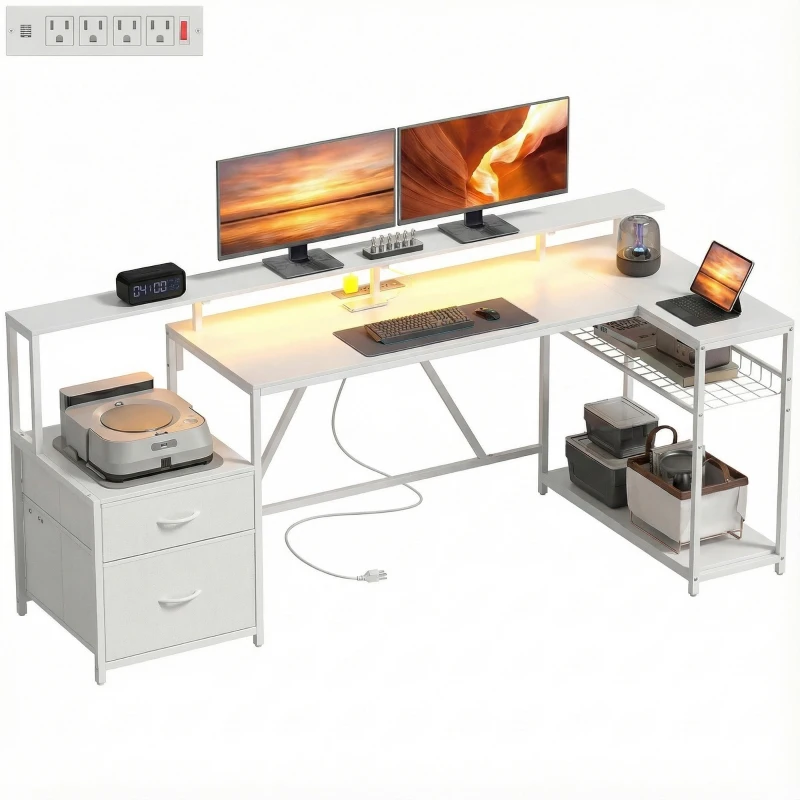 HOMCOM 76" Gaming Desk, Reversible Computer Table with RGB Lights, USB Ports, Monitor Stand and 2 Fabric Drawers, White