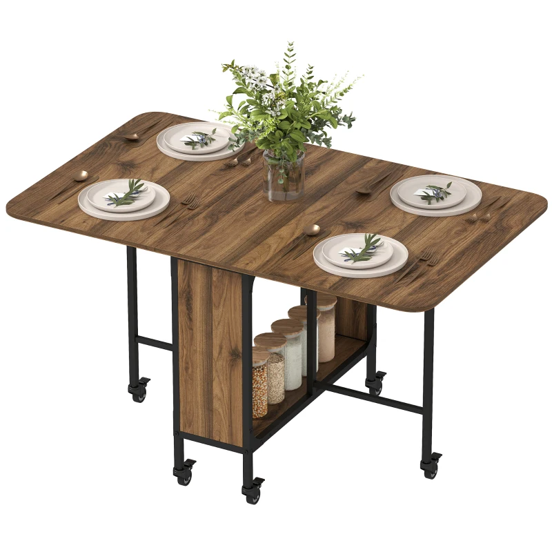 HOMCOM Folding Dining Table, Extendable Kitchen Table for Small Spaces with Storage Shelf and 6 Wheels, Light Brown