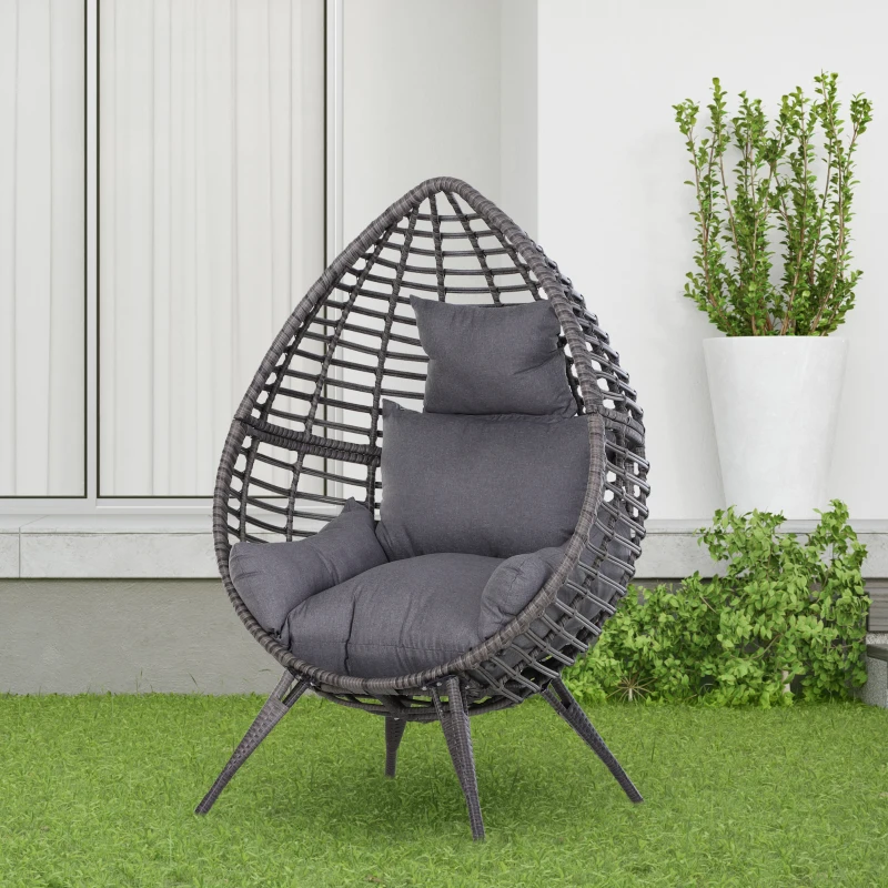 Outsunny Outdoor/Indoor Rattan Chair with Soft Cushion, Wicker Egg Lounge Chair for Backyard Garden Balcony Lawn, Grey