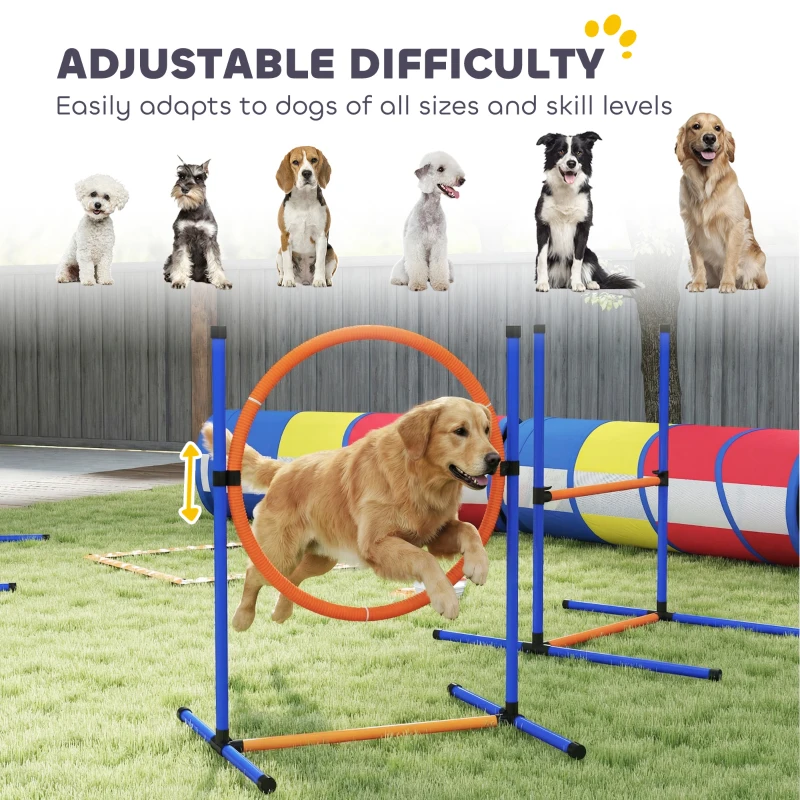 PawHut Dog Agility Training Equipment, 11-Piece Dog Obstacle Course with Adjustable Hurdle & Ring, 3 Tunnels, Weave Poles