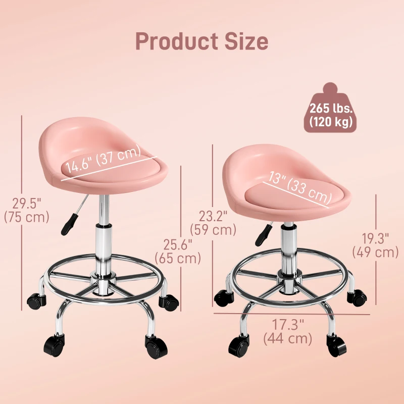 HOMCOM PU Leather Rolling Stool, Height Adjustable Swivel Salon Chair with Backrest and Foot Rest for Spa, Tattoo, Pink