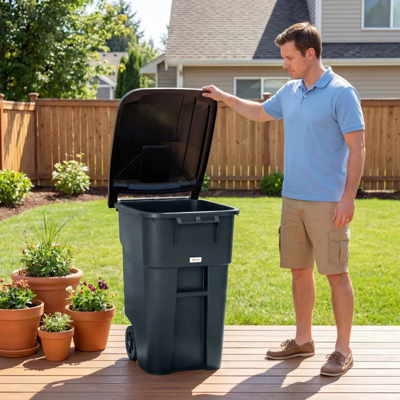 Outsunny Outdoor Garbage Bin with Lid and Wheels, 53 Gallon Large Trash Can Garbage Can with Handle for Patio, Yard, Dark Grey