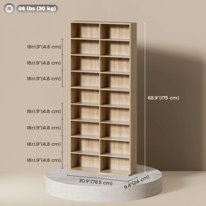 HOMCOM 9-Tier DVD Shelf with 18 Compartments and 14 Adjustable Shelves, Holds 640 CDs, 360 DVDs or 430 Blu-rays, Natural Wood