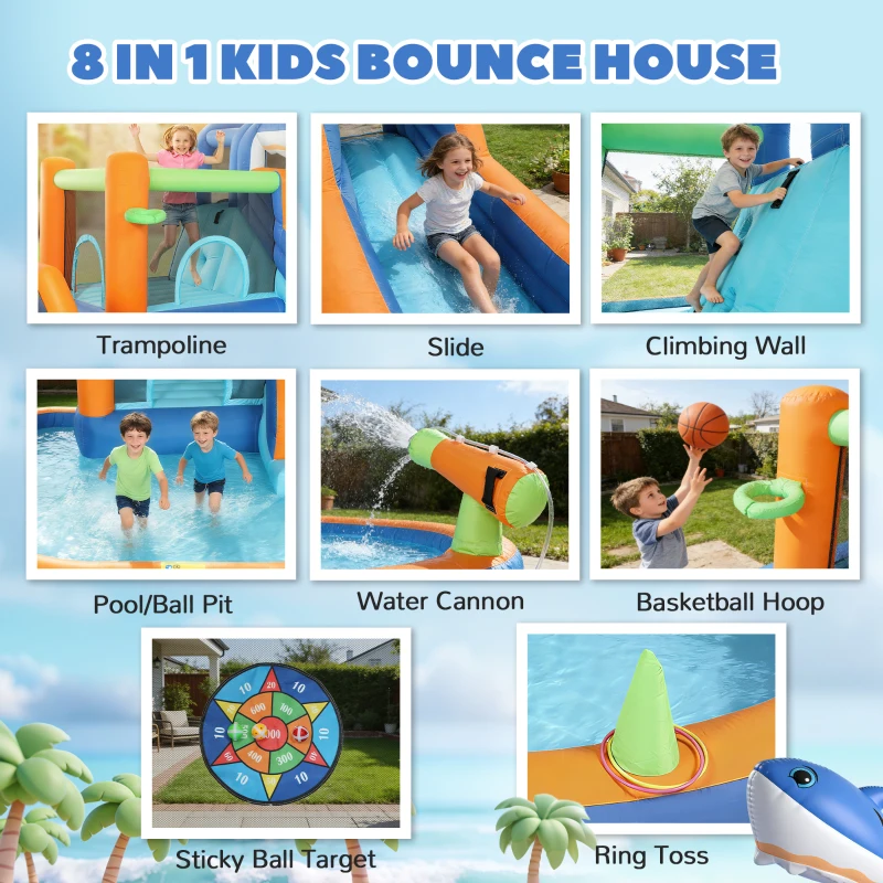 Qaba Inflatable Bounce House for Kids, Sharks Theme Jumping Bouncy Castle with Slide and Pool for Indoor Outdoor, Blue