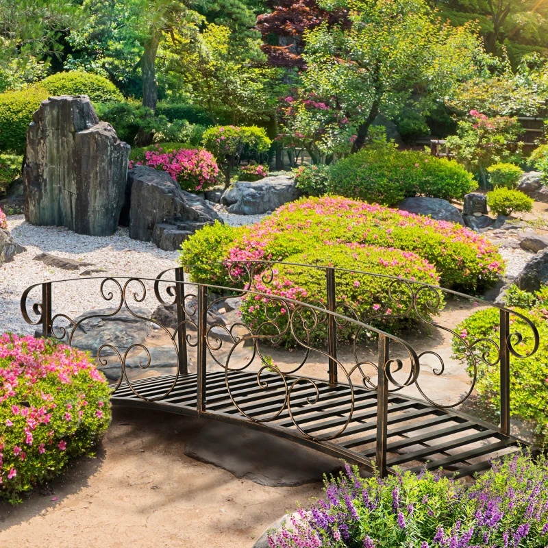 Outsunny 6FT Steel Garden Bridge with Safety Siderails, Decorative Arc Landscaping Bridge for Backyard Creek Stream Pond, Brown