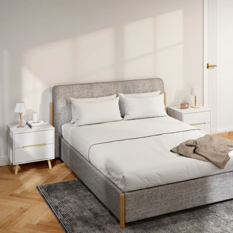 HOMCOM Nightstands Set of 2, Bedside Table with 2 Drawers, Modern Side End Table with Solid  Wood Legs for Bedroom, White