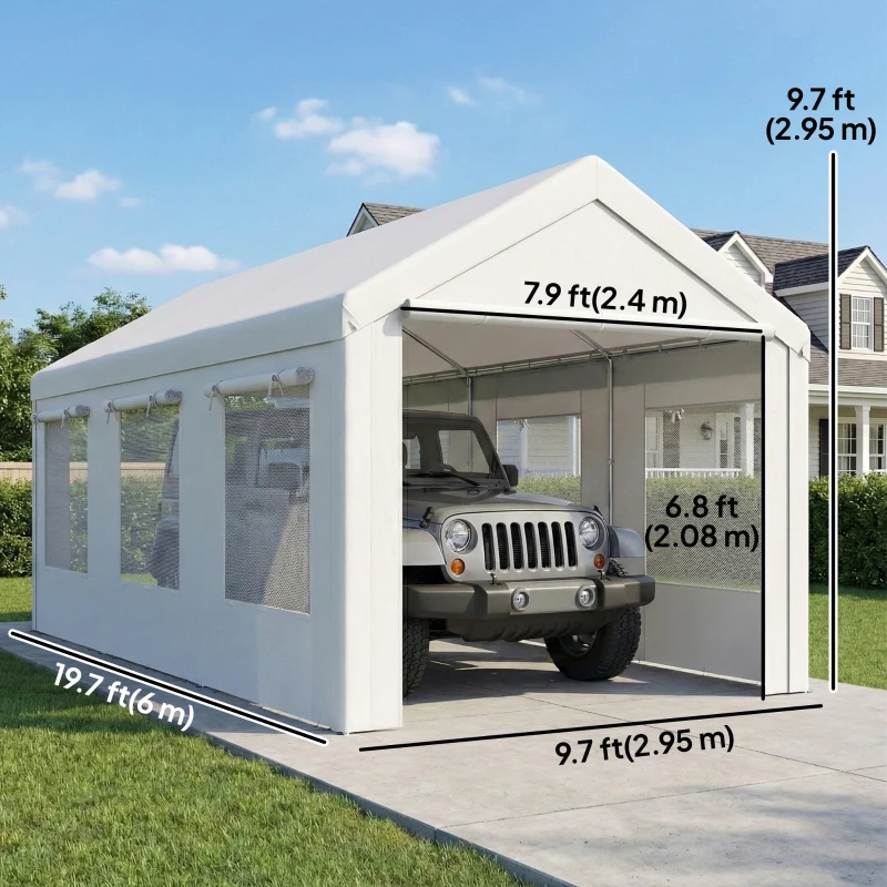 Outsunny 10' x 20' Heavy Duty Carport, Height Adjustable Portable Garage Car Canopy Tent Shelter with Doors, Windows, White
