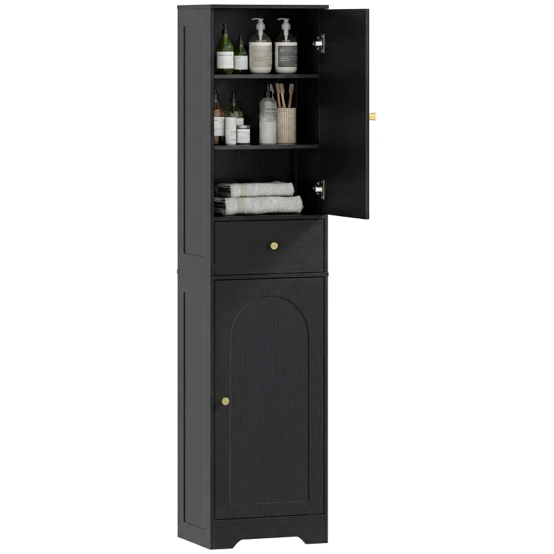 HOMCOM 67" Tall Bathroom Cabinet, Slim Bathroom Storage Cabinet with 2 Doors, Drawer and Adjustable Shelf, Black Wood Grain