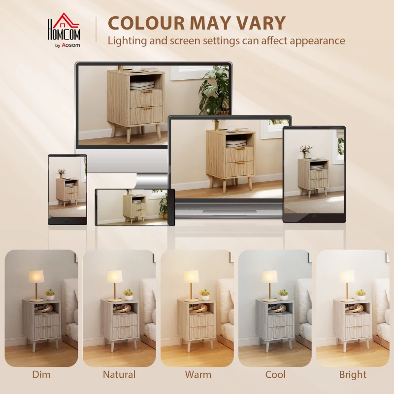 HOMCOM Nightstands Set of 2, Modern Bedside Tables with Charging Station, 2 Drawers and Open Shelf, Grey