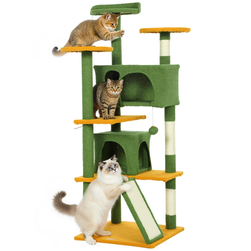 PawHut 54" Cat Tree, Multi-Level Cat Tower with Scratching Posts, Cat Condos, Bed, Platforms, Ramp, Toy Ball, Green