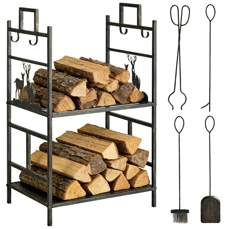 Outsunny 20.25" x 13" x 30.25" 2-Layer Heavy Duty Firewood Rack Wood Log Fireplace Stacker  w/ 4 Tools, Black and Gold