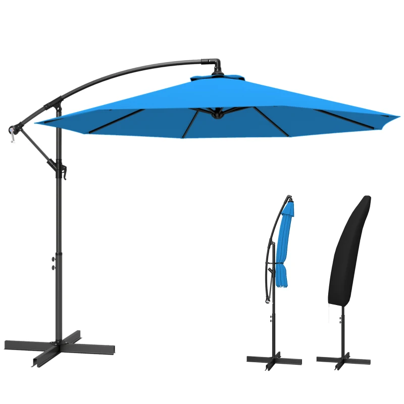 Outsunny 10ft Offset Patio Umbrella with Base, Garden Hanging Parasol with Crank, Banana Cantilever Umbrella Sun Shade, Blue