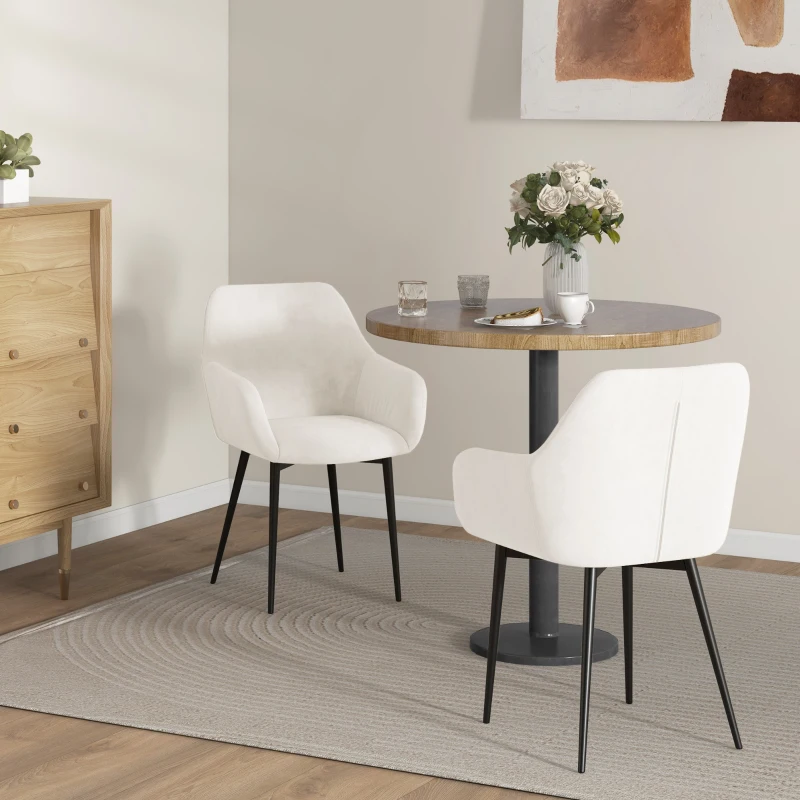 HOMCOM Dining Chairs Set of 2, Velvet-look Fabric Upholstered Kitchen Chairs with Backrest, Armrests and Steel Legs, Cream White
