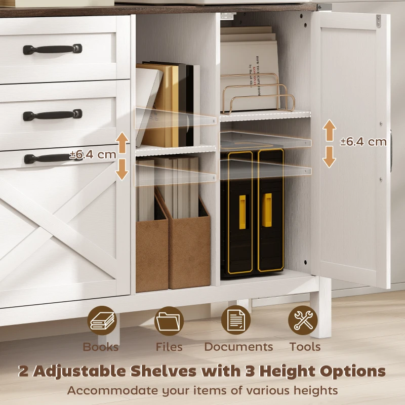 HOMCOM Lateral Filing Cabinet with Drawers, Shelves, Adjustable Hanging Bar for Home Office, Fit A4/Letter Files, White