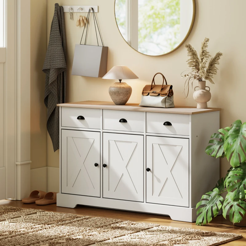 HOMCOM 46.5" Buffet Cabinet, Farmhouse Sideboard with 3 Barn Doors and 3 Drawers for Living Room, Kitchen, White