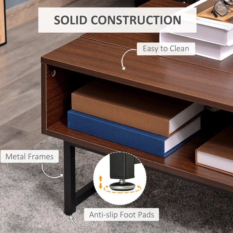 HOMCOM Modern Lift Top Coffee Table with Hidden Storage Compartment and Metal Frame, Center Table for Living Room, Brown